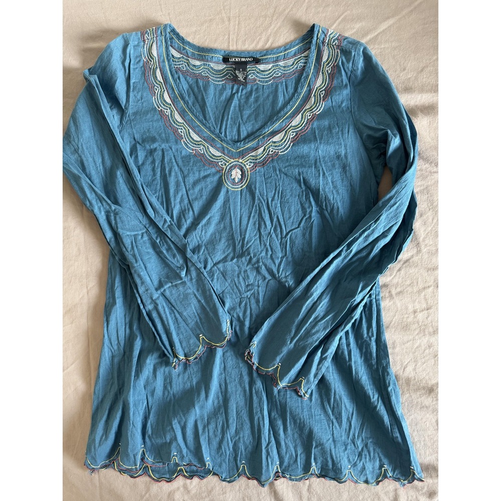 Lucky Brand Shirt Womens Small Blue Embroidered Scallop Boho Tunic Long Sleeve